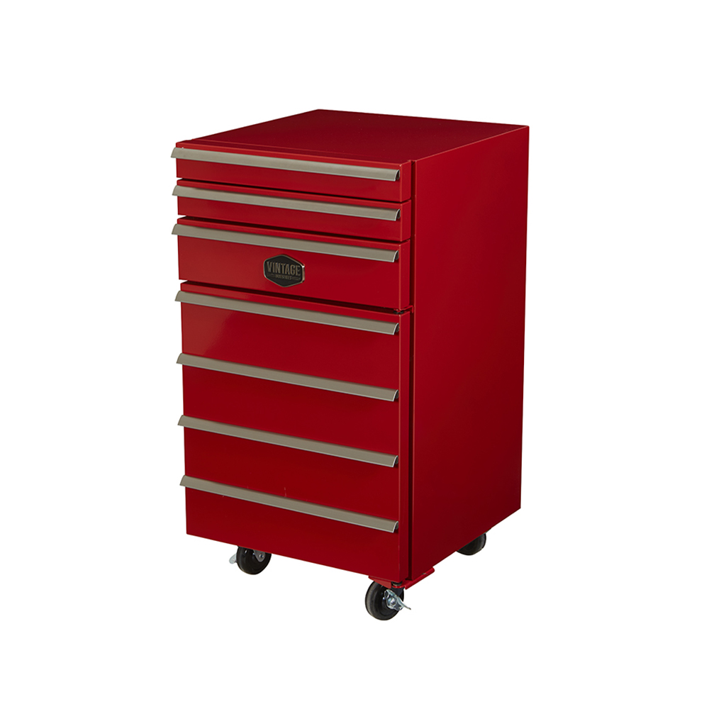 [703702] Mobile Tool Cart Fridge – 50L Industrial Style Minibar with Drawers and Wheels – Red/Black – Designer Refrigerator for Workshop, Garage & Man Cave